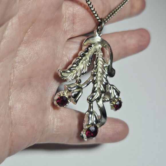 Vintage Red Aurora Borealis Crystal Floral Pendant Necklace Silver Tone 16" - Picture 3 of 15